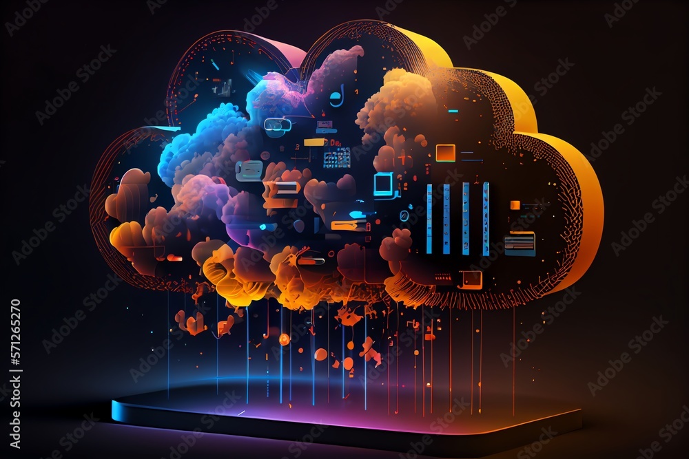 Poster glowing cloud icon technology concept, exploded panel with cloud services and data protection, artif