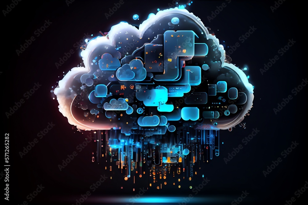 Poster glowing cloud icon technology concept, exploded panel with cloud services and data protection, artif