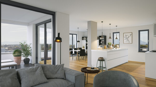 Modern luxury Penthouse apartment in downtown with mountain view outside