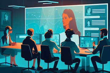 People as avatars together with workers using webcams having a conference call meeting in a virtual metaverse VR office, discussing financial report stats. Generative AI