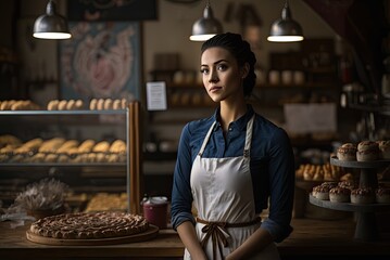 Portrait of a baker woman in uniform, ai generative.