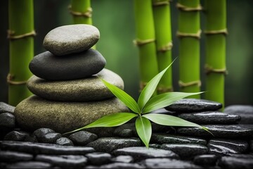 SPA stones in bamboo garden. Zen meditation concept with smooth pebbles stack and bamboo leaves and steam. Generative AI