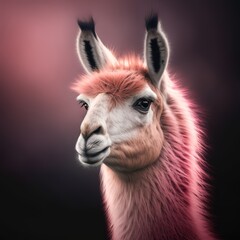 Fototapeta premium Pink llama close up portrait. Llama alpaca detailed rose head isolated on dark background. Modern concept. Generative AI