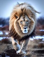 Walking lion photorealistic full body portrait. Adult male lion. Generative AI