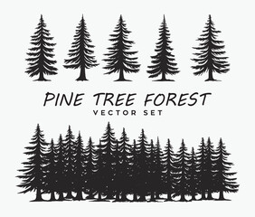Fototapeta premium Set of Pine tree forest silhouette vector graphic template