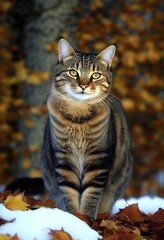 Cute siberian cat in autumn park. Full body kitten portrait outdoor. photo realistic pet portrait. Generative AI