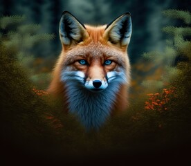 Obraz premium Red Fox in summer forest. Ginger fox among trees Generative AI