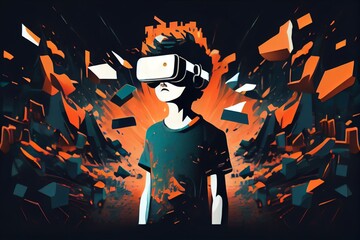 Young boy with the virtual reality glasses is in the metaverse. fictional boy, Using VR Technology Concept. Generative, virtual reality glasses. Generative AI