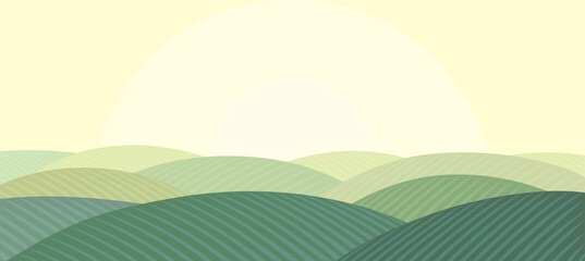 Summer hilly landscape, with the sunrise over the agriculture hills. Vector illustration.