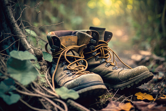 Abandoned hiking boots on the ground near a trail - Generative AI