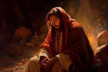Jesus Christ praying in the garden of Gethsemane painting style - obrazy, fototapety, plakaty