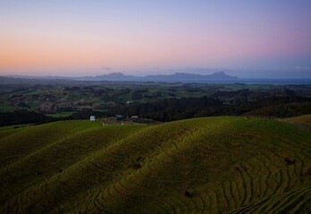 Rural countryside rolling hills nature landscape panorama at Brynderwyns Scenic Lookout in Waipu Northland New Zealand