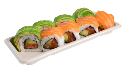 maki sushi tray with salmon and avocado