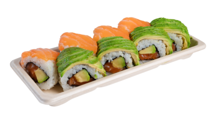 maki sushi tray with salmon and avocado isolated