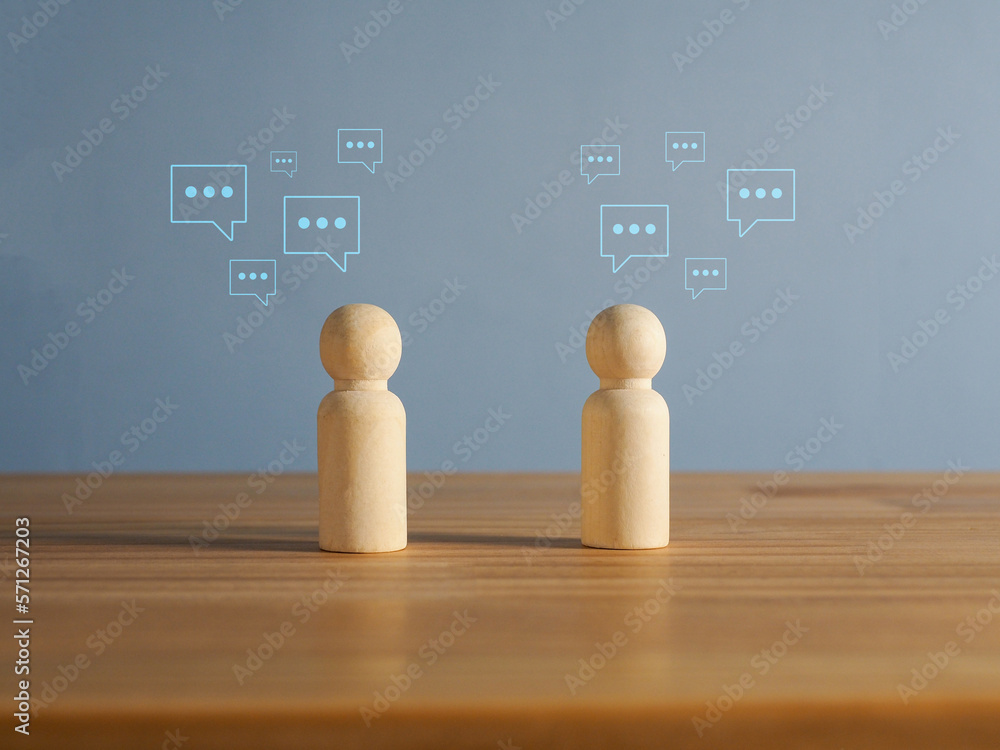 Poster chatgpt chat together with artificial intelligence. a wooden man who is having a conversation throug