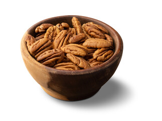 Pecan nuts in a bowl isolated over white background