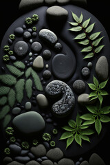 Fototapeta na wymiar black plate topped with rocks and plants. generative ai.