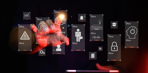 Contact Us Jobs or Connected Customer Support Hotline Businessman using laptop and tapping contact icon on virtual screen (email, address, live chat, wifi internet).