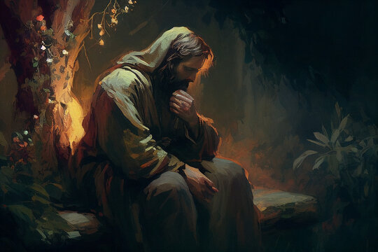 Jesus Christ praying before His crucifixion oil painting. Conceptual Christian art