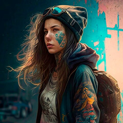 Tattooed Girl with Backpack, graffiti background, generative AI