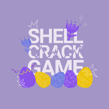 A number of  decorated hard-boiled easter eggs and flowers and lettering of  easter egg cracking game. Concept for eggs tapping easter tradition.