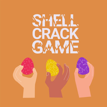 A number of people's hands of different race and skin color holding decorated hard-boiled easter eggs to participate in easter egg cracking game. Concept for eggs tapping easter tradition.