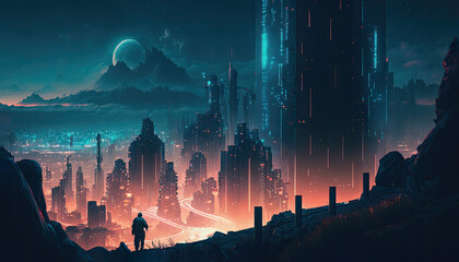 Fototapeta premium Cyberpunk city, abstract illustration, futuristic city at night, 4k wallpaper. Generative ai