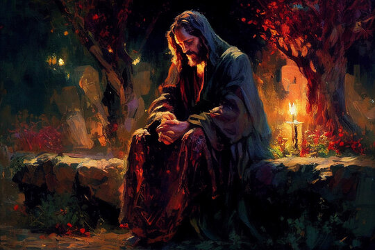 Jesus Christ praying in Gethsemane before His crucifixion oil painting created with generative AI