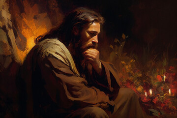 Jesus Christ praying in the garden of Gethsemane. Oil painting style Christian art