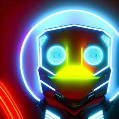 Duck Shape Face Wearing Glowing Helmet Neon Colorful Portrait Isolated On Bright Background, generative ai illustration