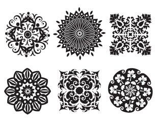 Ensemble de 6 Mandalas de Fleurs en Noir et Blanc, Motif Végétal Rosaces Tatouage Roues Harmonie