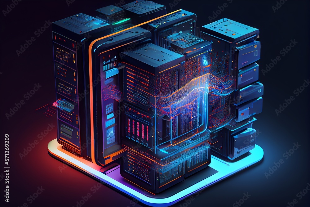 Poster big data center technology warehous with servers information digitalization starts. saas, cloud comp