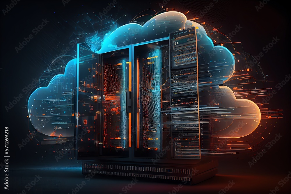 Poster big data center technology warehouse with servers information digitalization starts. saas, cloud com