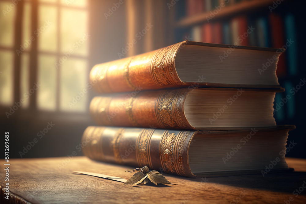 Poster old books on a wooden table in a library. macro. fictional. created with generative ai technology.