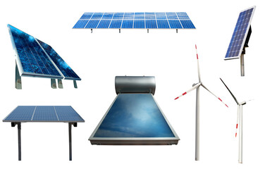 Renewable energy system collection with solar and wind energy generator - obrazy, fototapety, plakaty