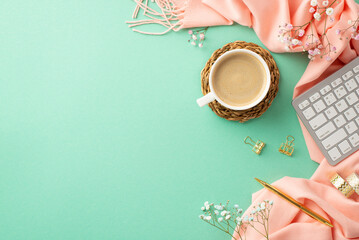 Business concept. Top view photo of keyboard cup of coffee on rattan serving mat golden pen binder clips adhesive tape gypsophila flowers and pink plaid on isolated teal background with copyspace