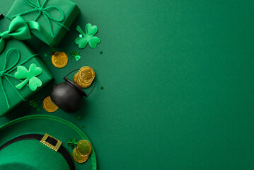 St Patrick's Day concept. Top view photo of leprechaun headwear gift boxes pot with gold coins...