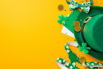 Top view photo of St Patrick's Day party accessories leprechaun cap suspenders gold coins envelope...