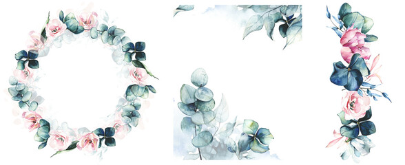 Set of round, rectangular frames, Blue hydrangea, pink peony, rose flowers, eucalyptus branches, leaves. Watercolor floral. Cut out hand drawn PNG on transparent background. Isolated clipart. © satika