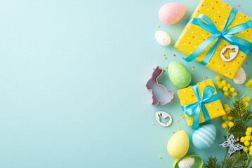 Easter concept. Top view photo of yellow gift boxes with blue bows easter eggs bunny shaped baking...