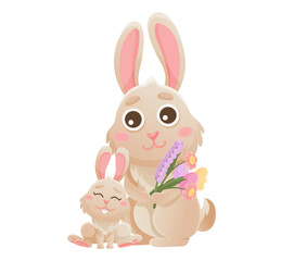 Cartoon mom and child rabbits. Happy mothers day. Kids bunny drawing