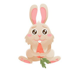 Cartoon Easter rabbit eating carrot. Vector holiday illustration on white isolated background.
