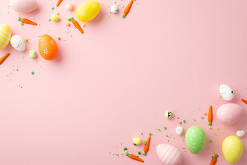 Easter celebration concept. Top view vertical photo of orange green yellow easter eggs small...