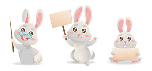Set of cute cartoon rabbits. Vector character holding blank banner, poster, pointer. Teacher or protest concept.