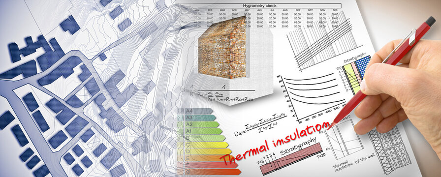 Engineer writing formulas and diagrams about thermal insulation and buildings energy efficiency - concept image with city map