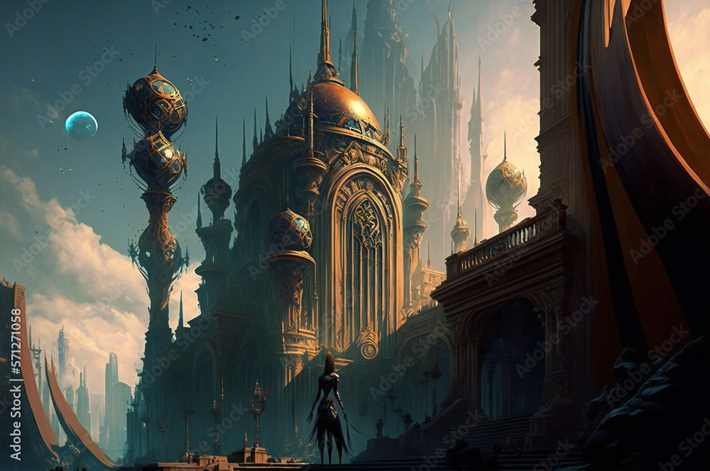Poster fictional ancient architecture on an alien planet. created with generative ai technology.