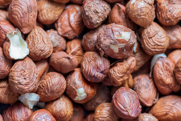 Close up of Hazelnut kernels - Food Frame Background, macro detailed close up.