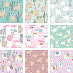 Set of vector seamless patterns with llamas for fabric, wrapping paper, etc.