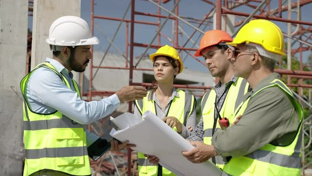team engineers are surveying to supervise the work in accordance with the construction plan at the construction site
