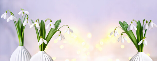 Snowdrop flowers in vase on abstract marble background. Blossoming white snowdrops, symbol of spring season. freshness aroma, harmony of nature. banner. template for design